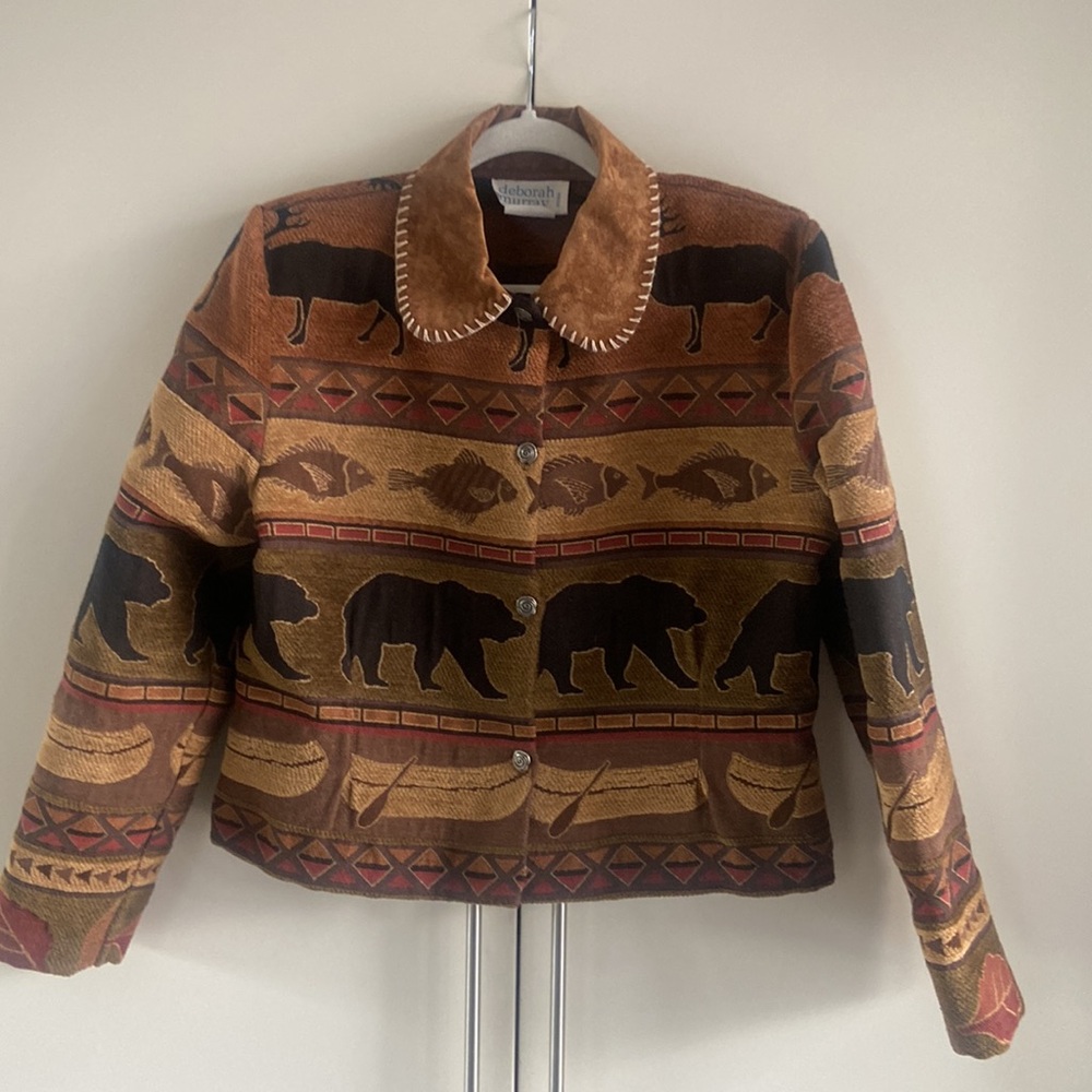 Vintage Deborah Murray Bear Caribou Canoe Tapestry Jacket